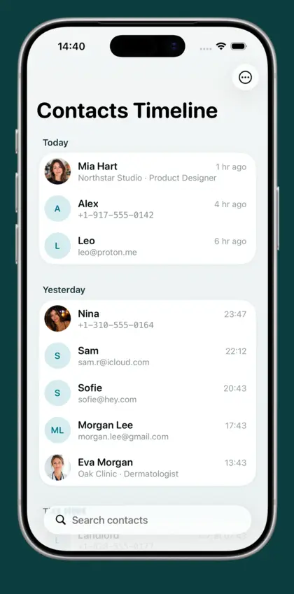 Recent Contacts Timeline app showing newest contacts grouped by date